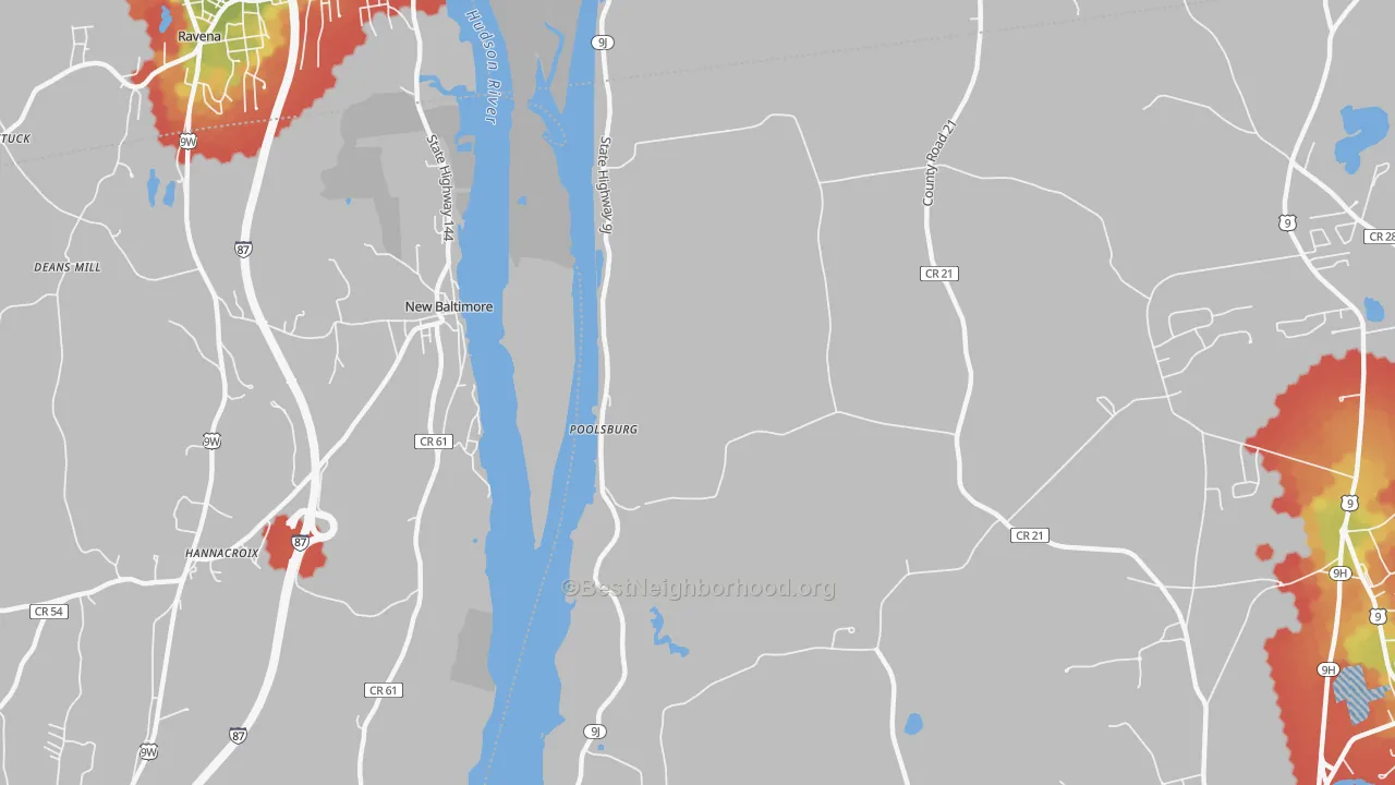 Walk Grade map of New Baltimore, NY, walkable areas in green and car-dependent areas in red