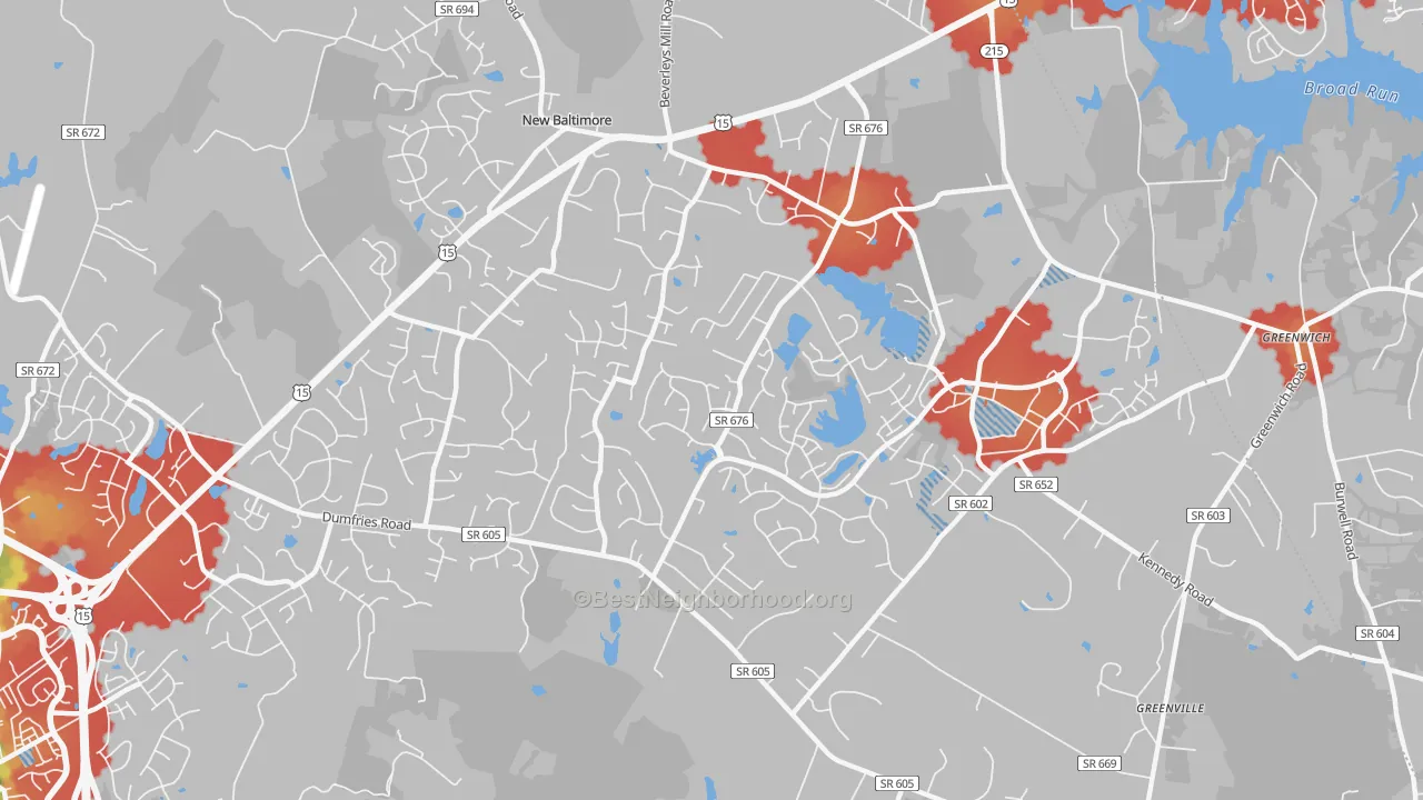 Walk Grade map of New Baltimore, VA, walkable areas in green and car-dependent areas in red