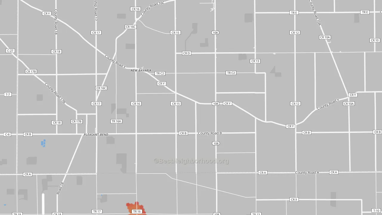 Walk Grade map of New Bavaria, OH, walkable areas in green and car-dependent areas in red