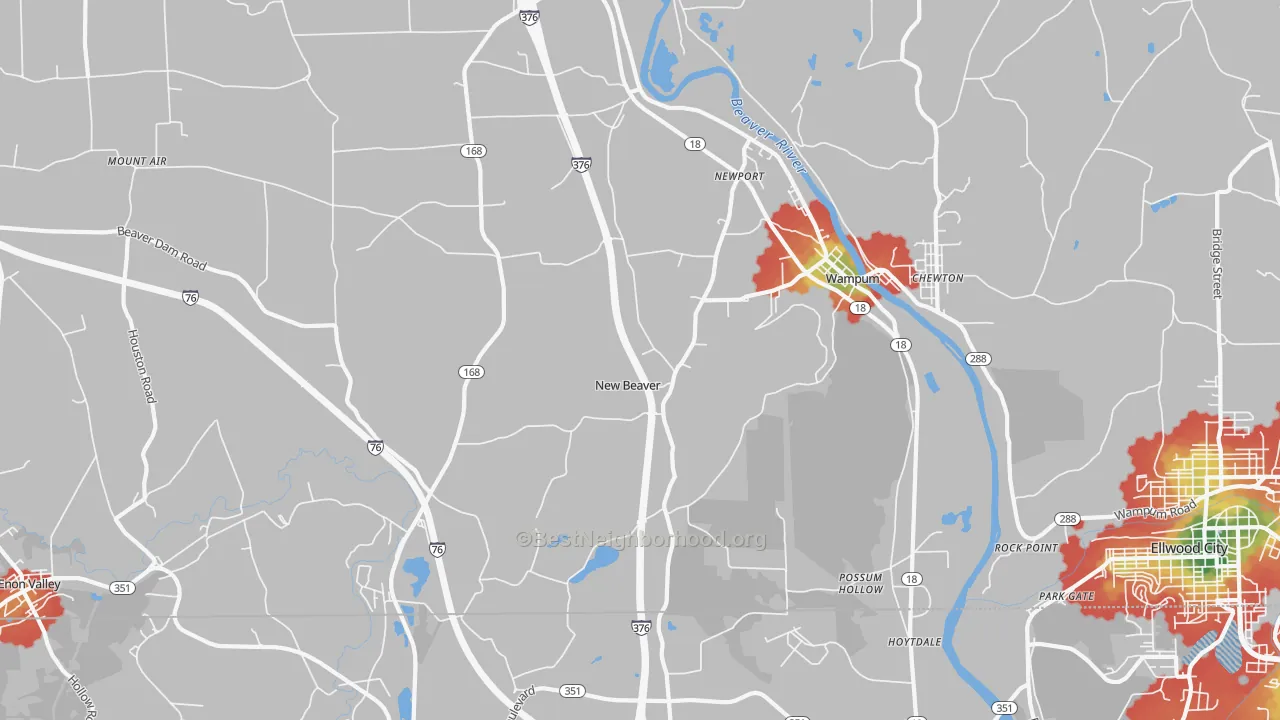 Walk Grade map of New Beaver, PA, walkable areas in green and car-dependent areas in red
