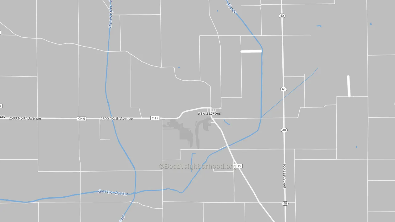 Walk Grade map of New Bedford, IL, walkable areas in green and car-dependent areas in red