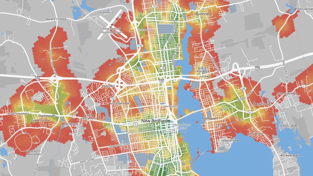 Walk Grade map of New Bedford, MA, walkable areas in green and car-dependent areas in red