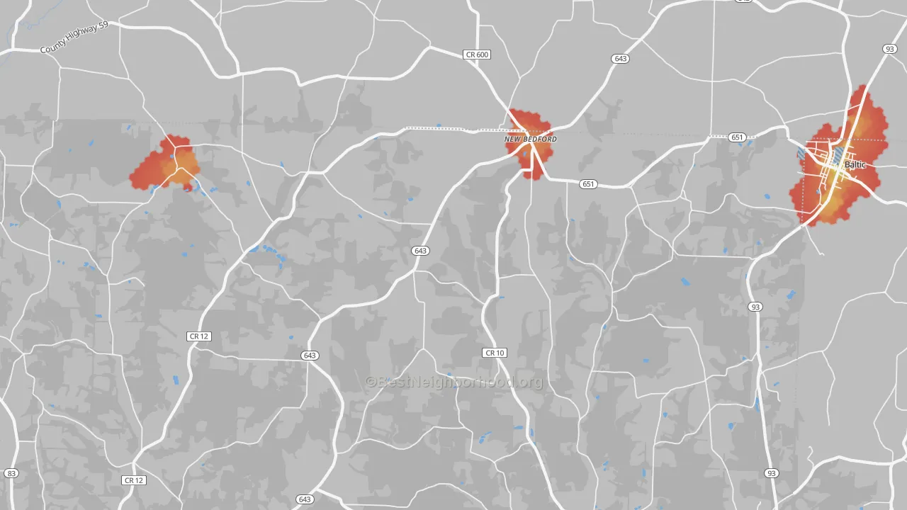 Walk Grade map of New Bedford, OH, walkable areas in green and car-dependent areas in red