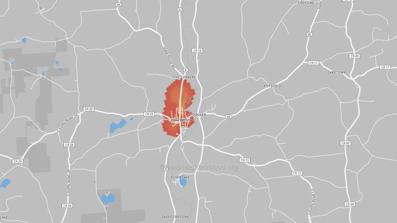 Walk Grade map of New Berlin, NY, walkable areas in green and car-dependent areas in red