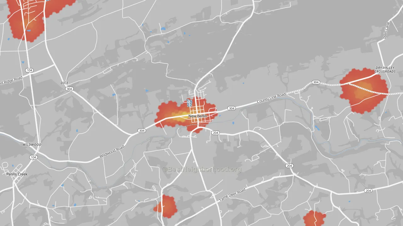 Walk Grade map of New Berlin, PA, walkable areas in green and car-dependent areas in red