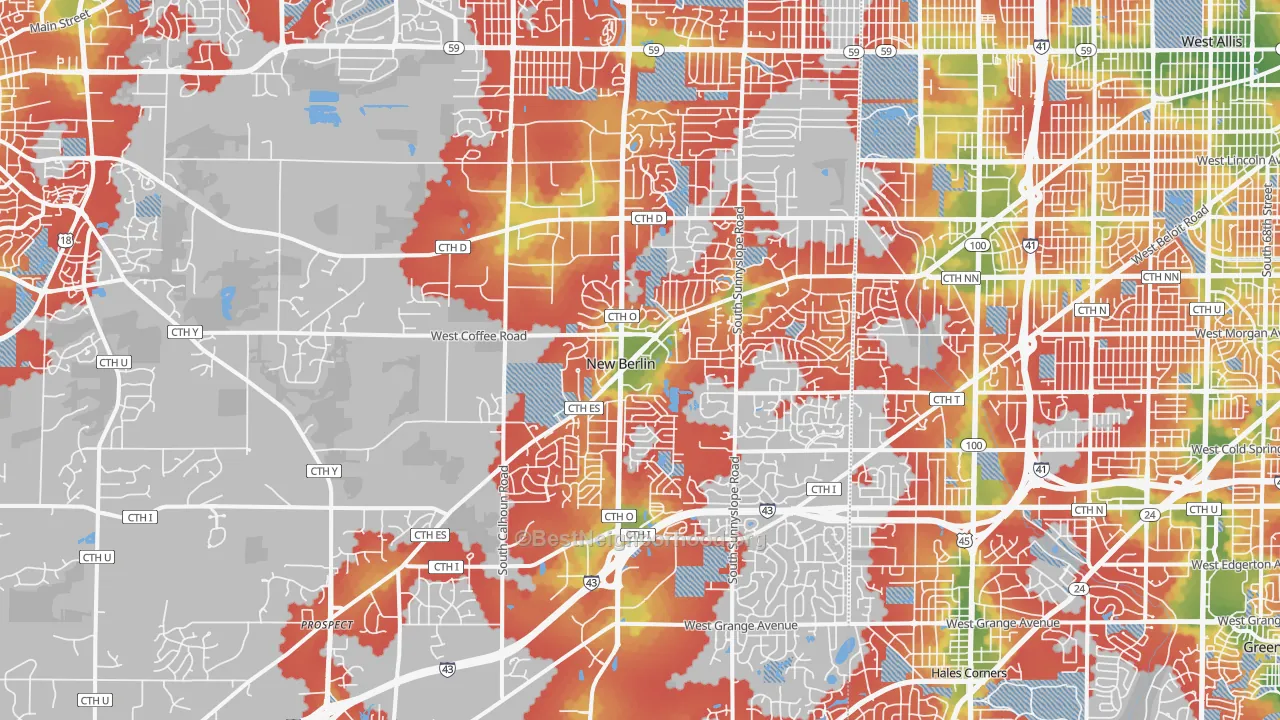 Walk Grade map of New Berlin, WI, walkable areas in green and car-dependent areas in red