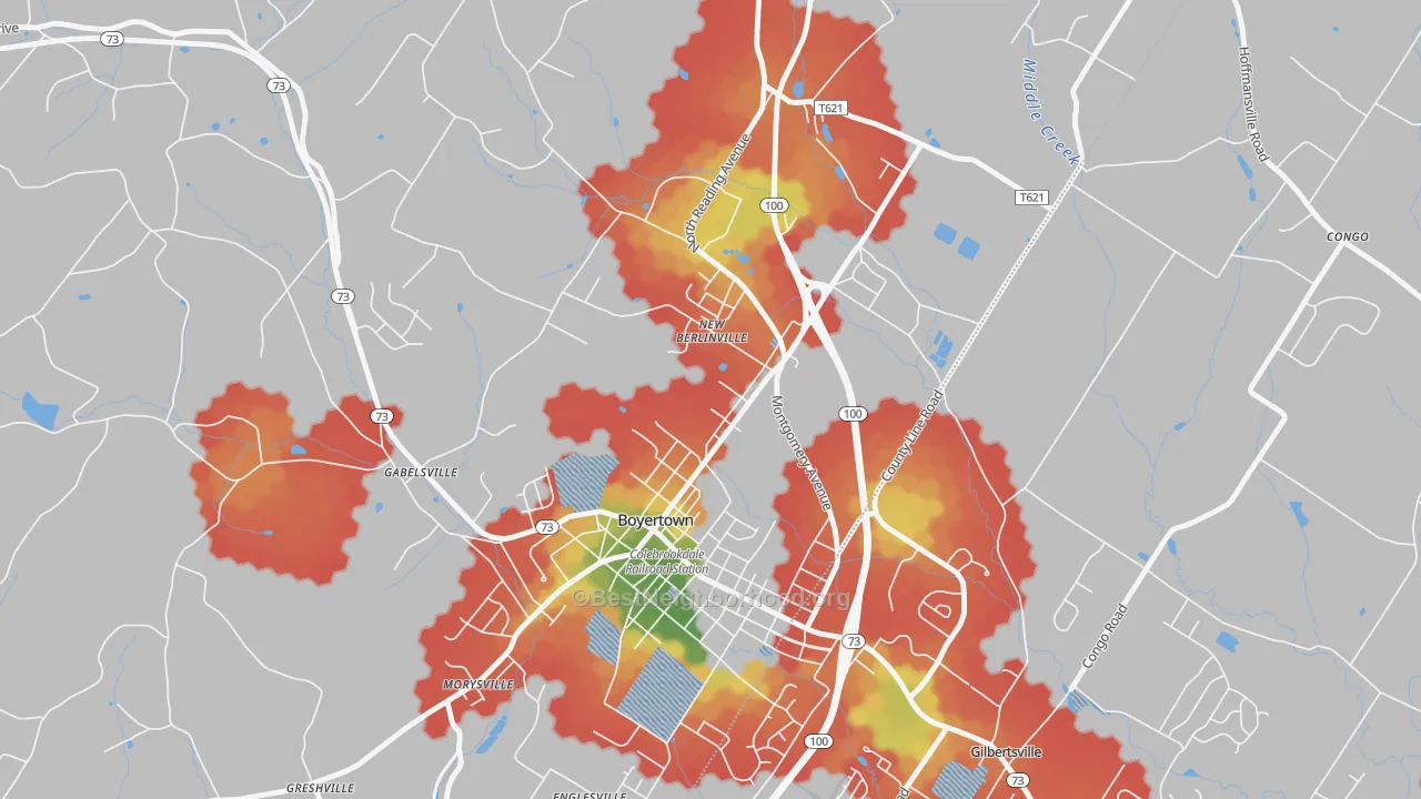 Walk Grade map of New Berlinville, PA, walkable areas in green and car-dependent areas in red