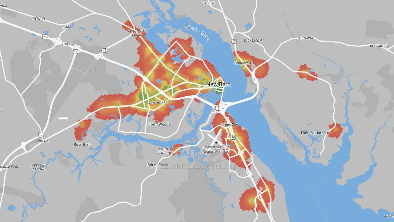 Walk Grade map of New Bern, NC, walkable areas in green and car-dependent areas in red