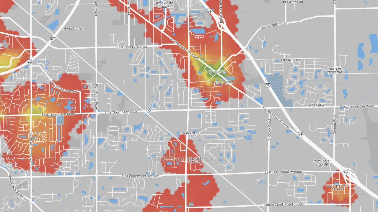 Walk Grade map of New Bethel, Indianapolis, IN, walkable areas in green and car-dependent areas in red