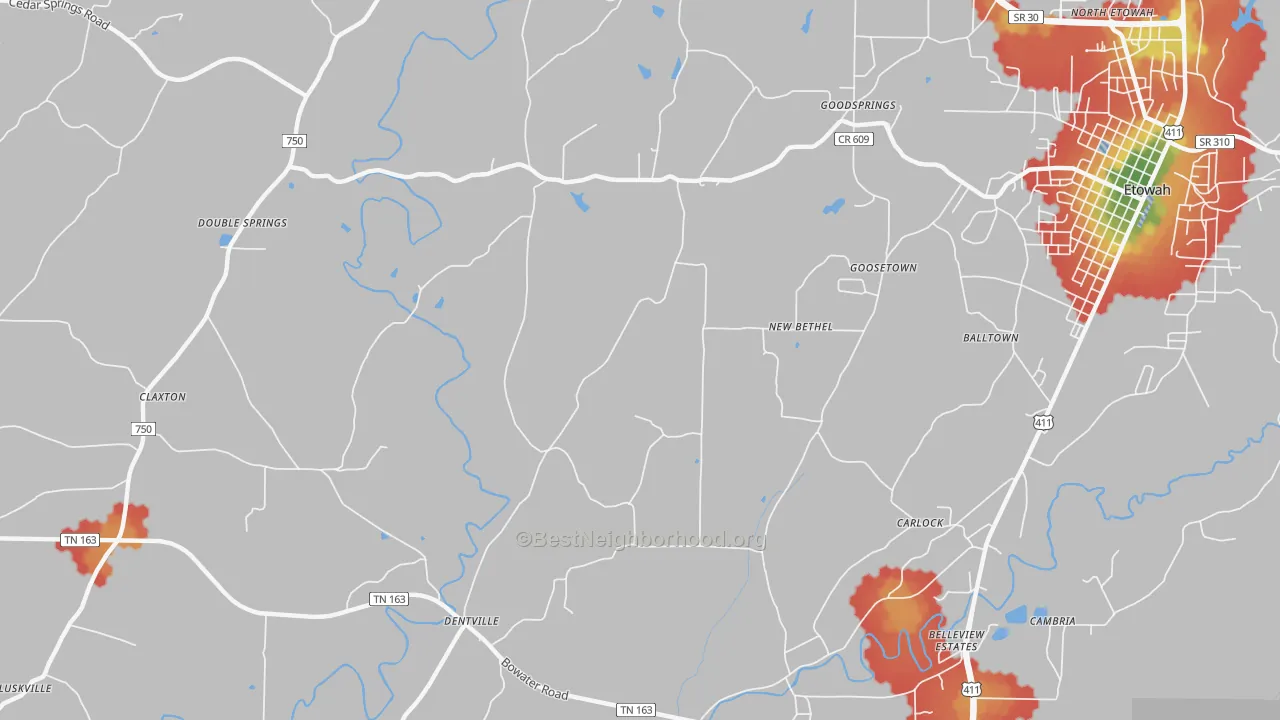 Walk Grade map of New Bethel, TN, walkable areas in green and car-dependent areas in red