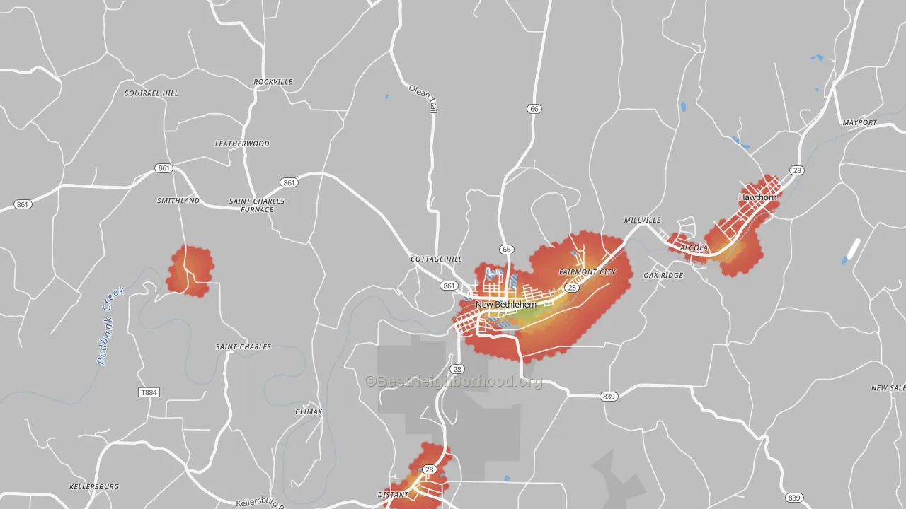 Walk Grade map of New Bethlehem, PA, walkable areas in green and car-dependent areas in red