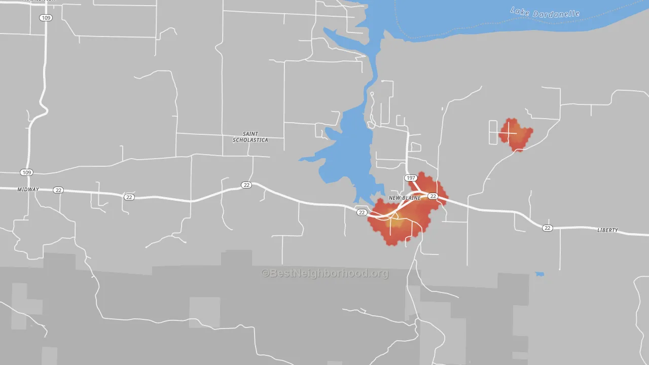 Walk Grade map of New Blaine, AR, walkable areas in green and car-dependent areas in red