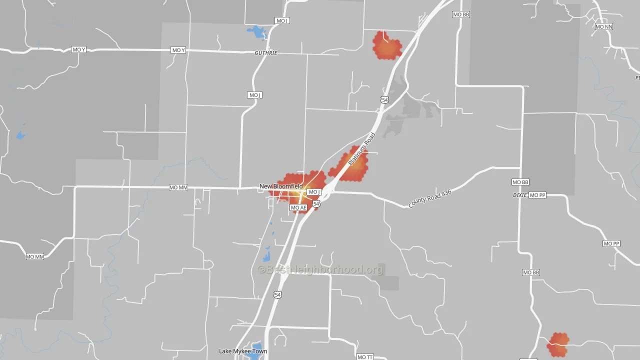 Walk Grade map of New Bloomfield, MO, walkable areas in green and car-dependent areas in red