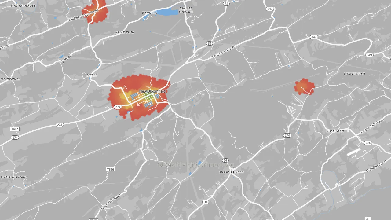 Walk Grade map of New Bloomfield, PA, walkable areas in green and car-dependent areas in red
