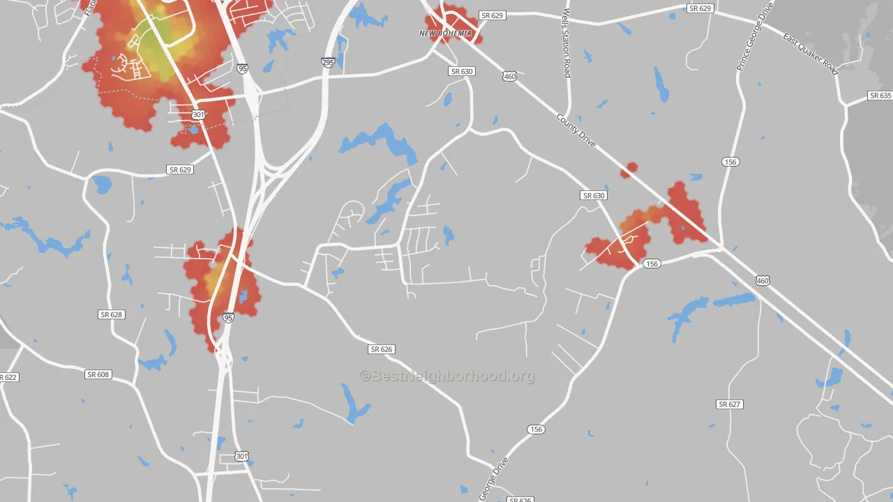 Walk Grade map of New Bohemia, VA, walkable areas in green and car-dependent areas in red