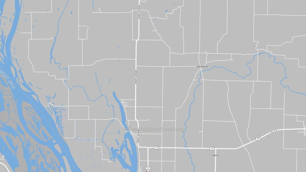 Walk Grade map of New Boston, IL, walkable areas in green and car-dependent areas in red