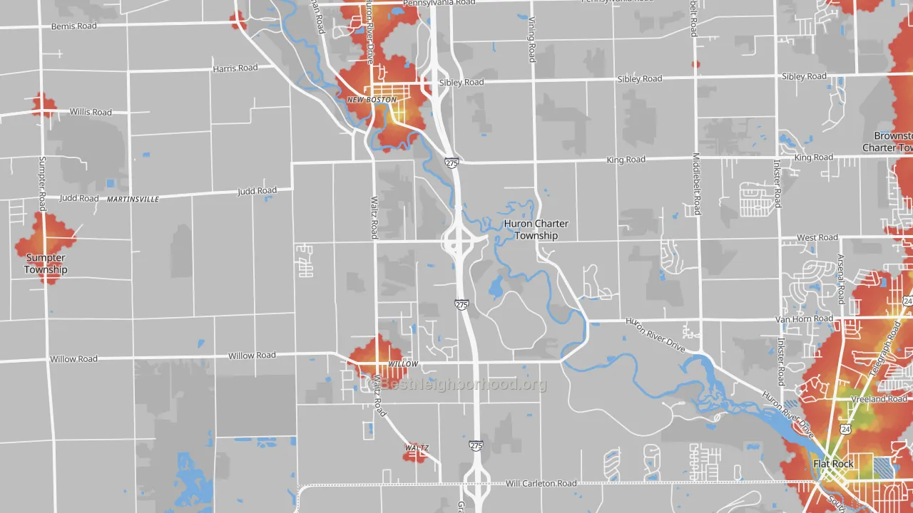 Walk Grade map of New Boston, MI, walkable areas in green and car-dependent areas in red