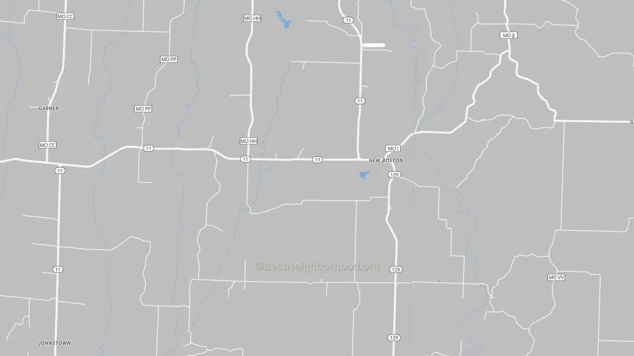 Walk Grade map of New Boston, MO, walkable areas in green and car-dependent areas in red