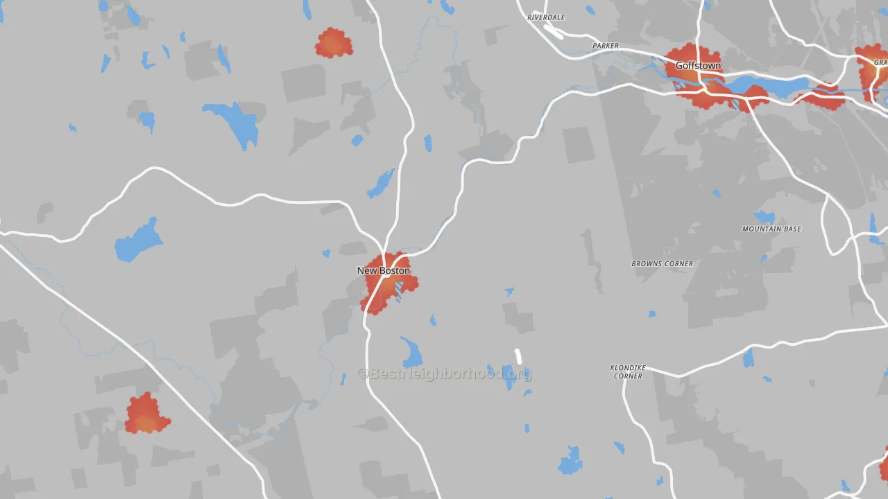 Walk Grade map of New Boston, NH, walkable areas in green and car-dependent areas in red
