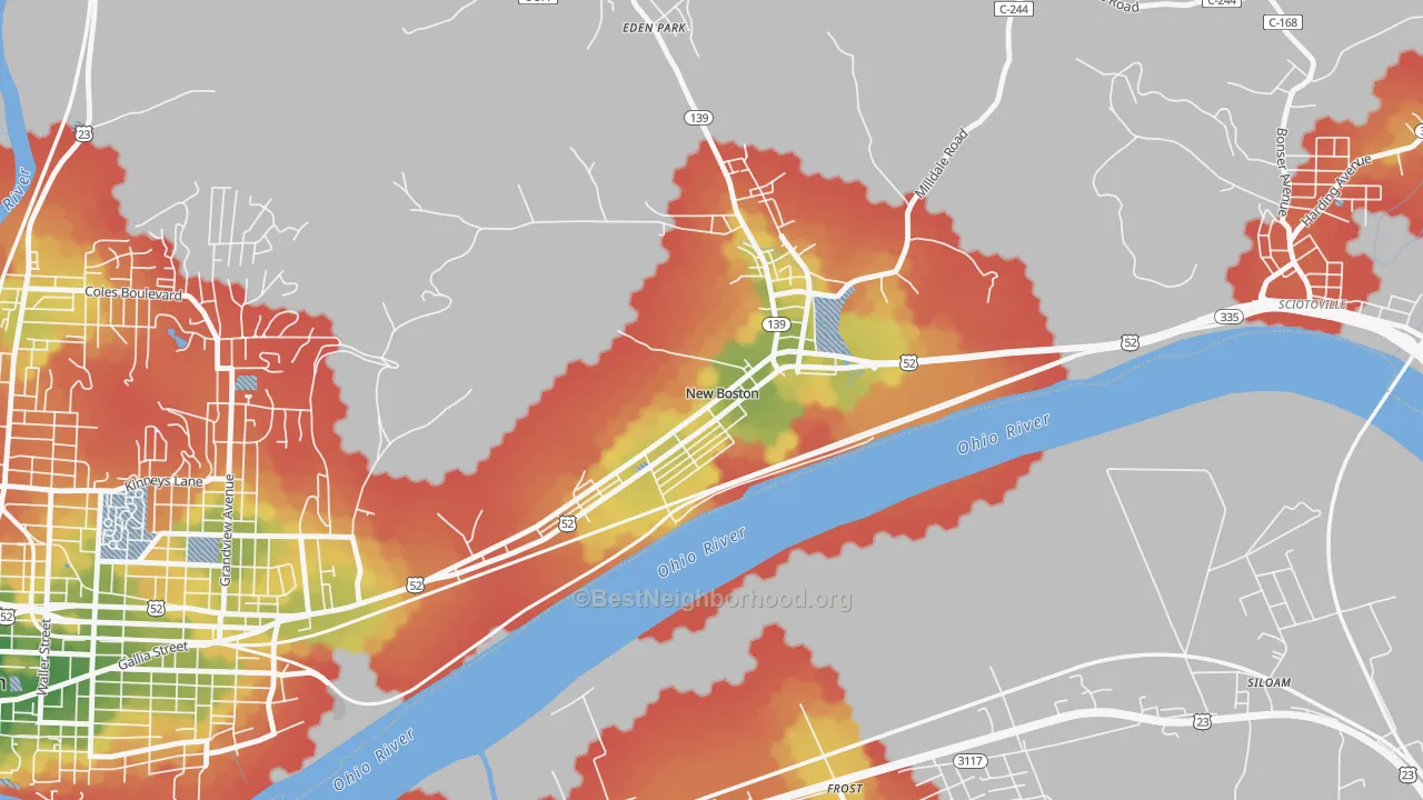 Walk Grade map of New Boston, OH, walkable areas in green and car-dependent areas in red