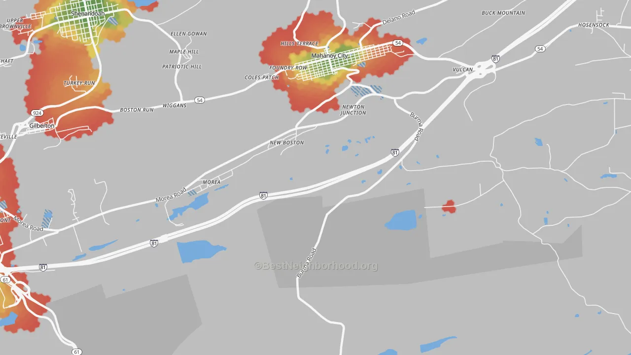 Walk Grade map of New Boston, PA, walkable areas in green and car-dependent areas in red