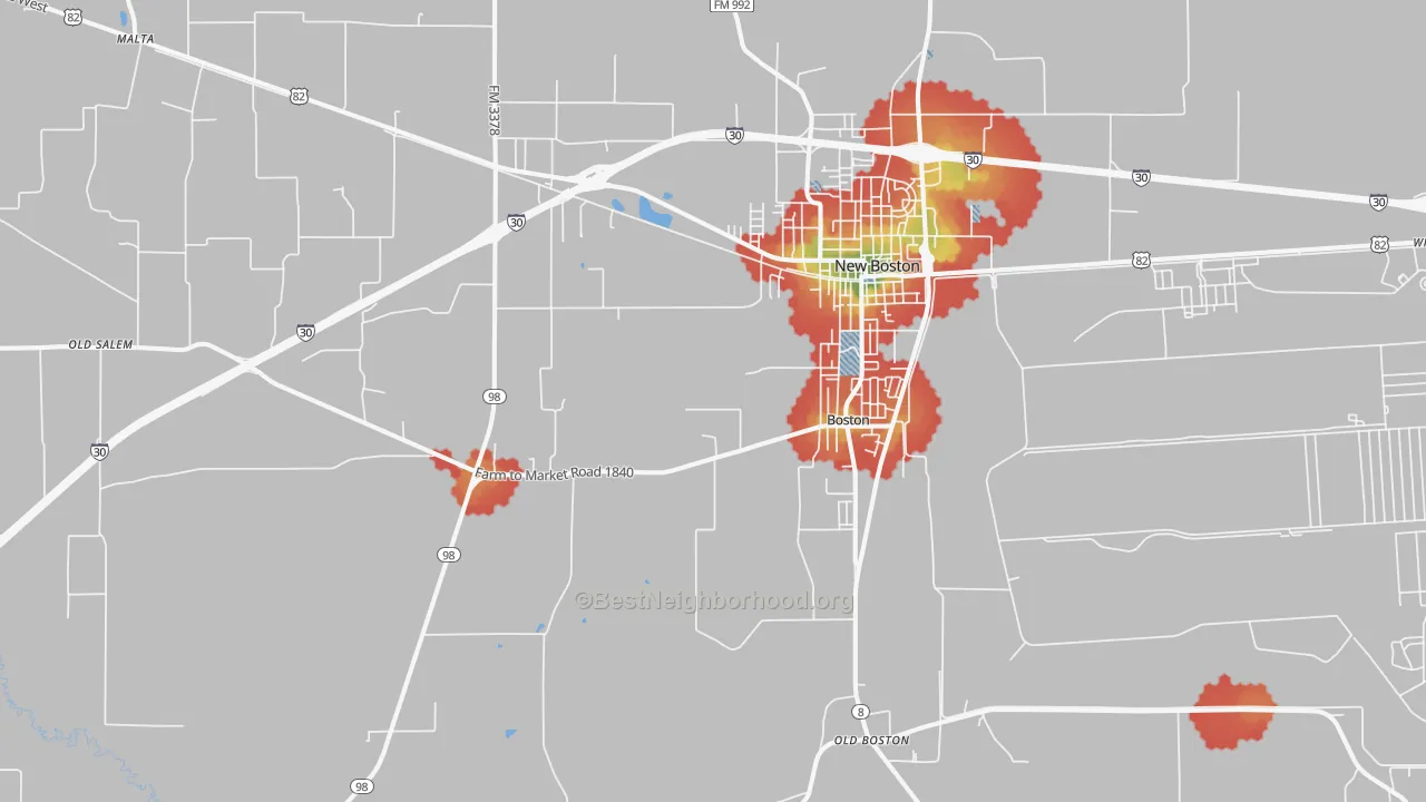 Walk Grade map of New Boston, TX, walkable areas in green and car-dependent areas in red