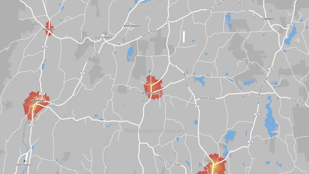 Walk Grade map of New Braintree, MA, walkable areas in green and car-dependent areas in red