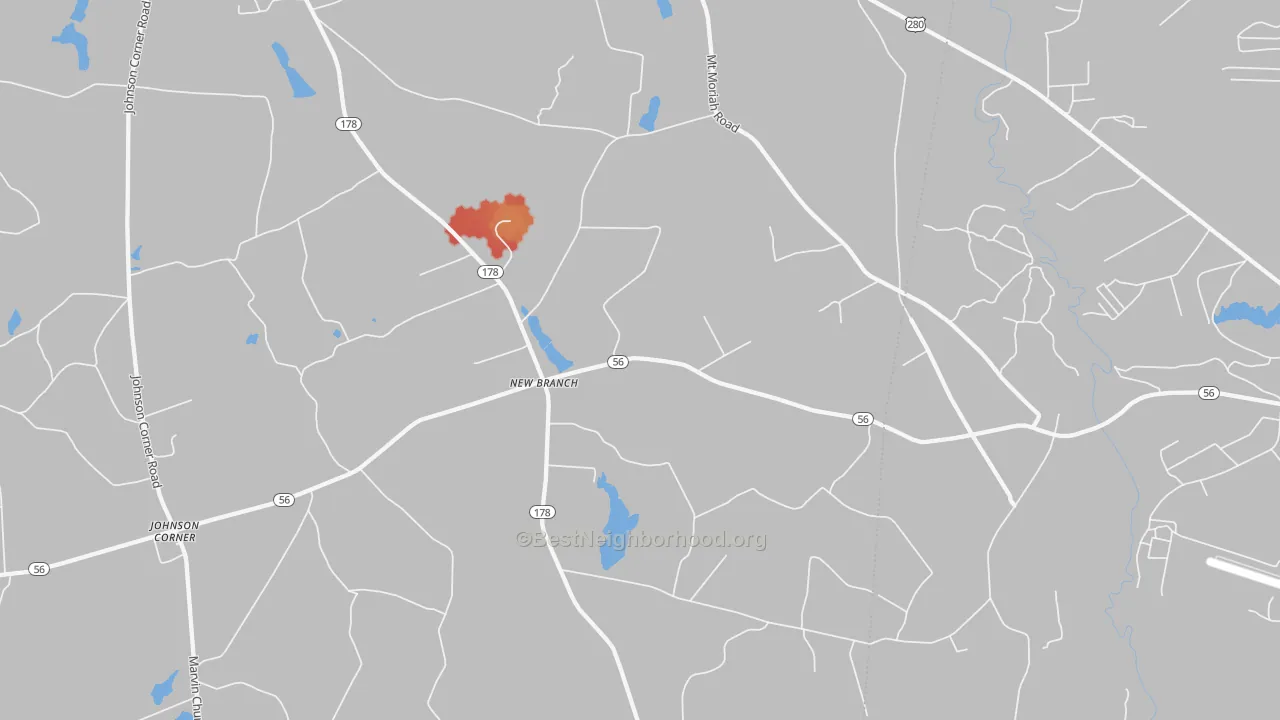 Walk Grade map of New Branch, GA, walkable areas in green and car-dependent areas in red