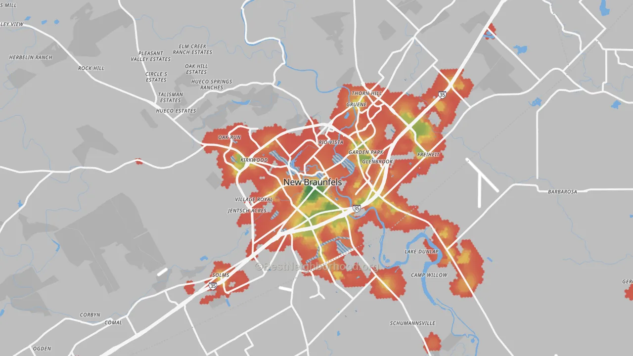 Walk Grade map of New Braunfels, TX, walkable areas in green and car-dependent areas in red