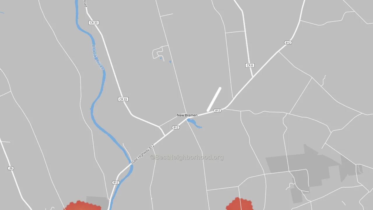 Walk Grade map of New Bremen, NY, walkable areas in green and car-dependent areas in red