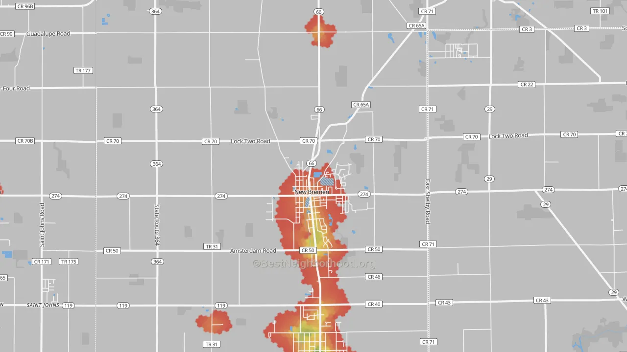 Walk Grade map of New Bremen, OH, walkable areas in green and car-dependent areas in red