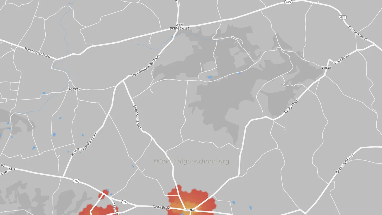 Walk Grade map of New Bridgeville, PA, walkable areas in green and car-dependent areas in red
