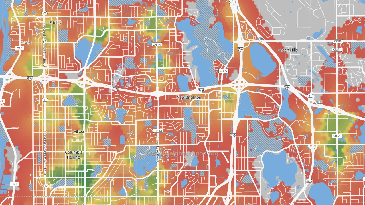 Walk Grade map of New Brighton, MN, walkable areas in green and car-dependent areas in red