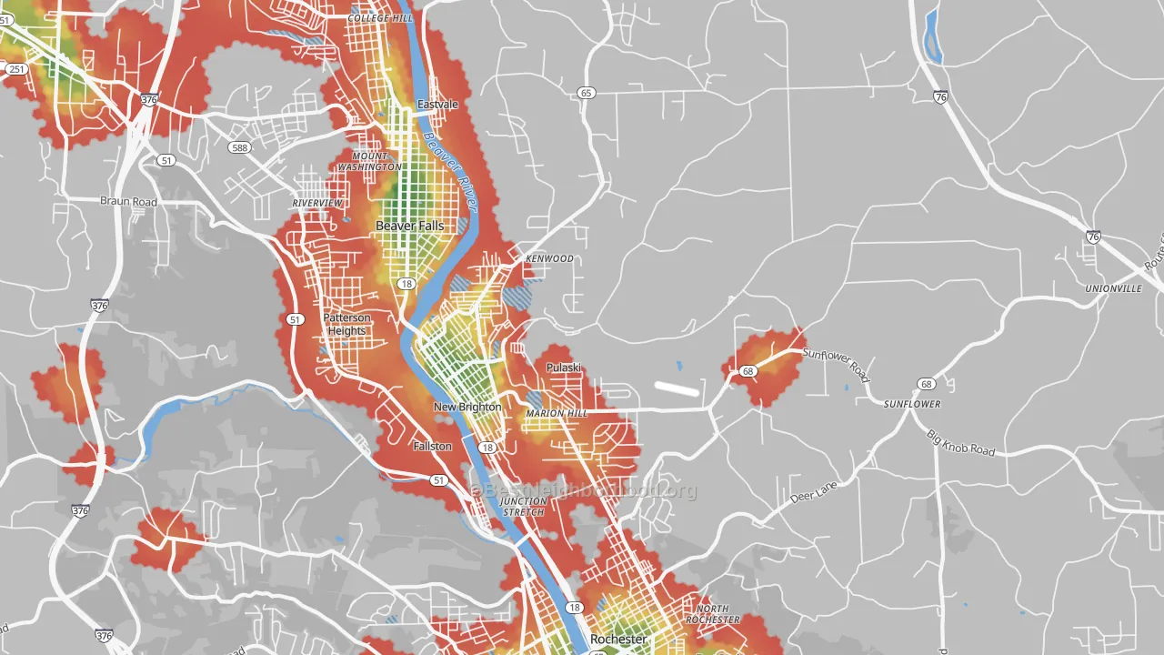 Walk Grade map of New Brighton, PA, walkable areas in green and car-dependent areas in red