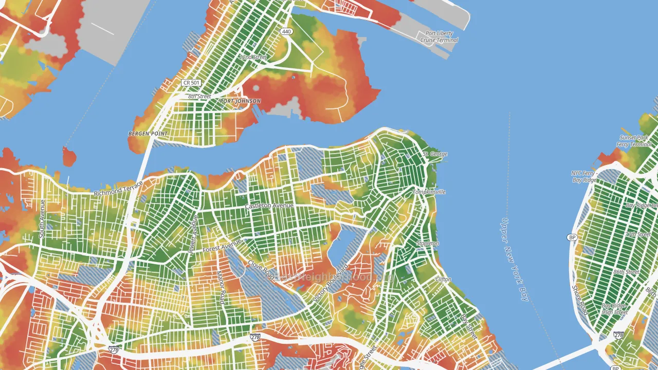 Walk Grade map of New Brighton, Staten Island, NY, walkable areas in green and car-dependent areas in red