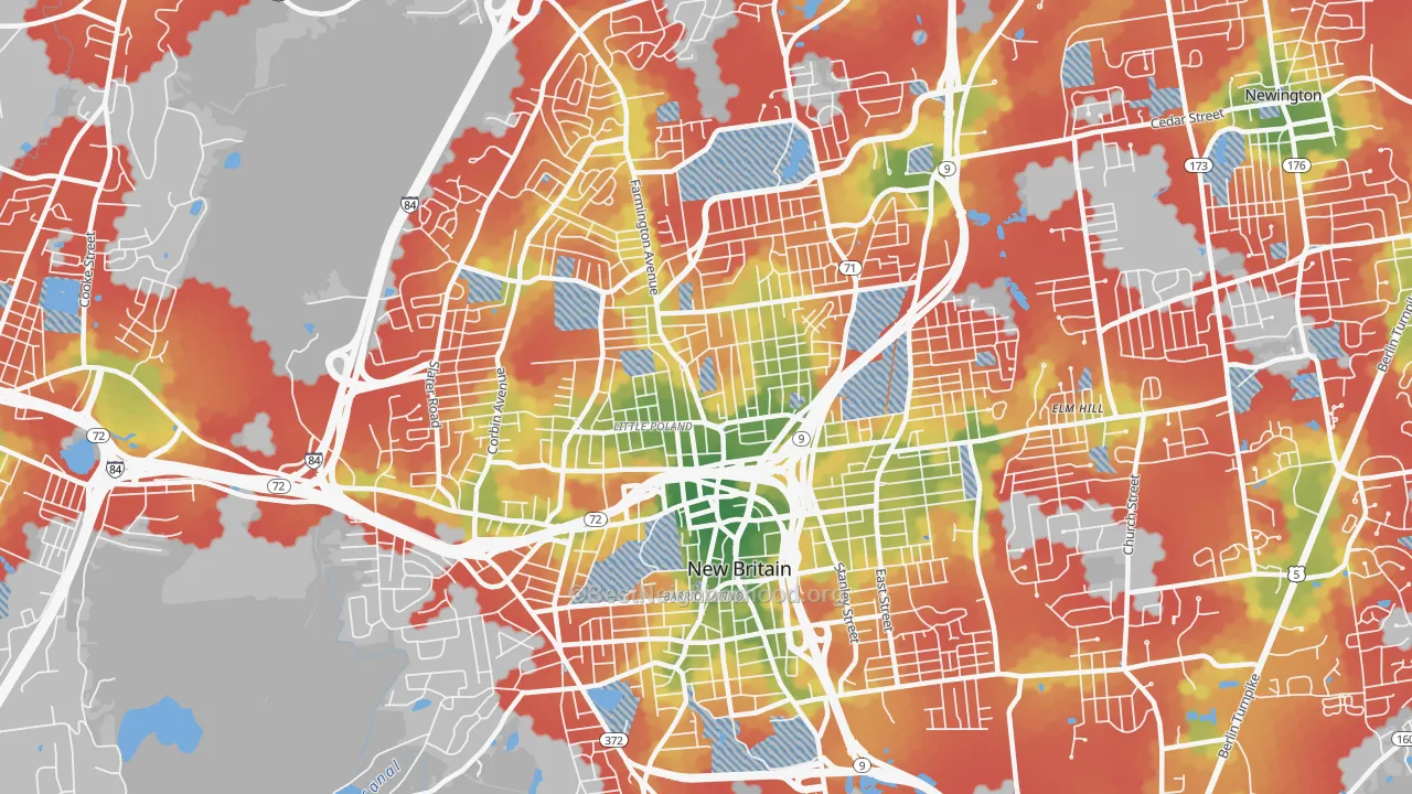 Walk Grade map of New Britain, CT, walkable areas in green and car-dependent areas in red