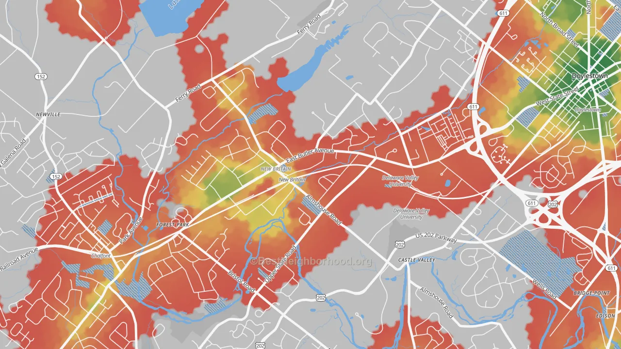 Walk Grade map of New Britain, PA, walkable areas in green and car-dependent areas in red