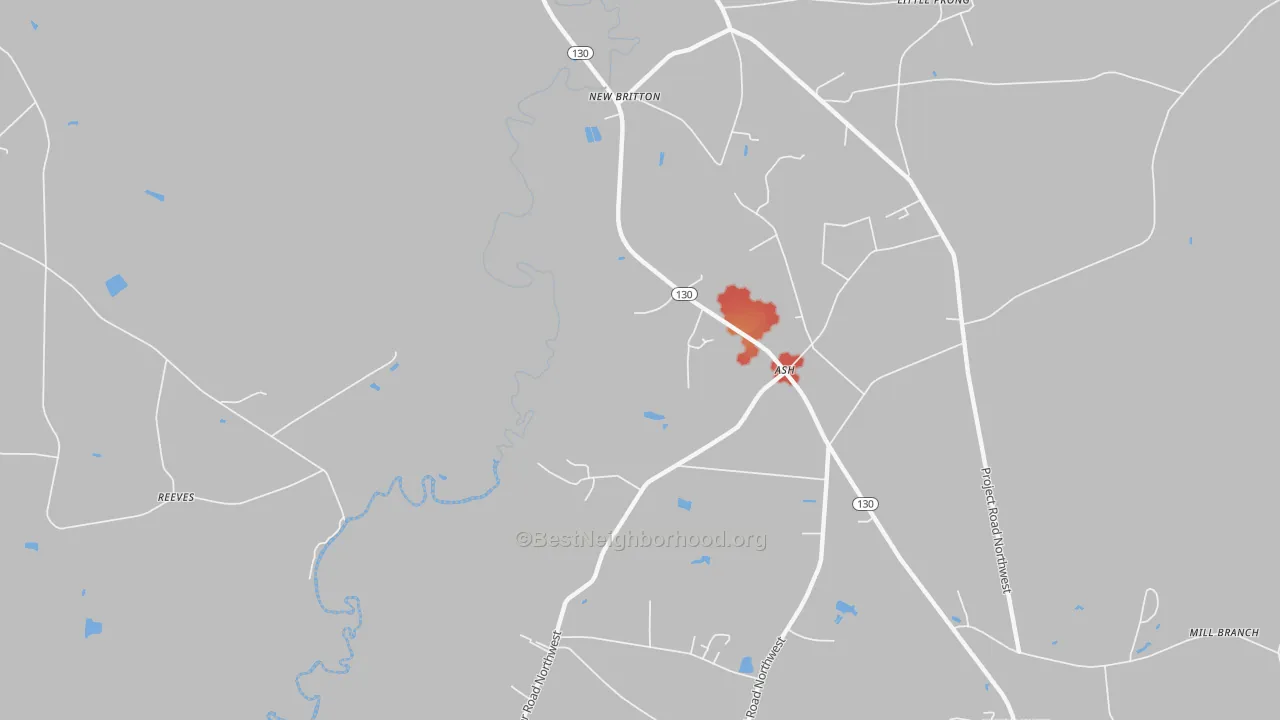 Walk Grade map of New Britton, NC, walkable areas in green and car-dependent areas in red