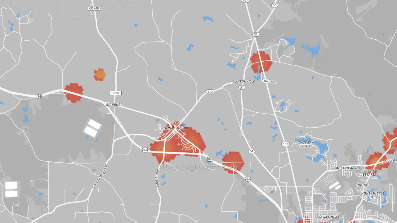 Walk Grade map of New Brockton, AL, walkable areas in green and car-dependent areas in red