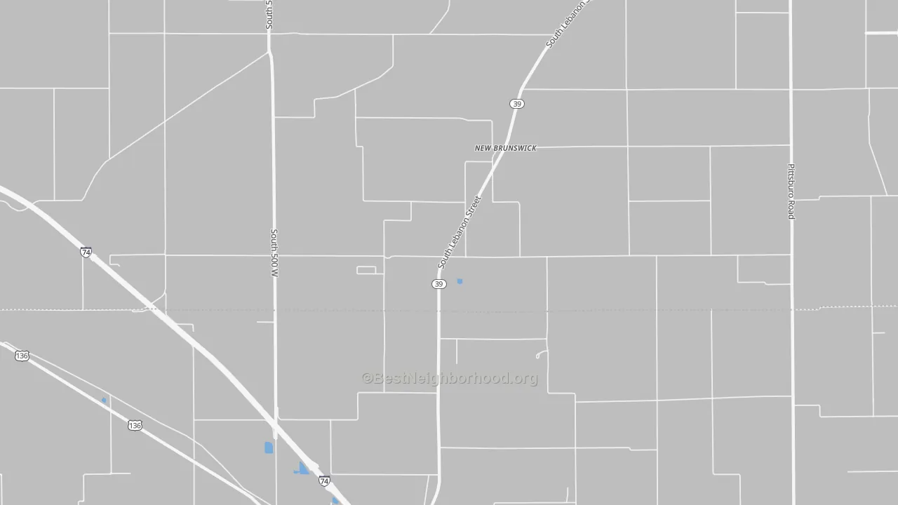 Walk Grade map of New Brunswick, IN, walkable areas in green and car-dependent areas in red