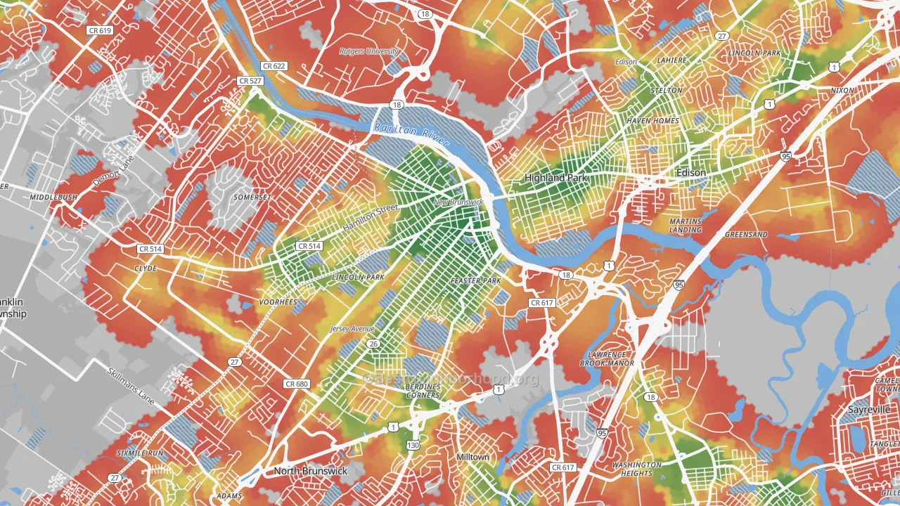 Walk Grade map of New Brunswick, NJ, walkable areas in green and car-dependent areas in red