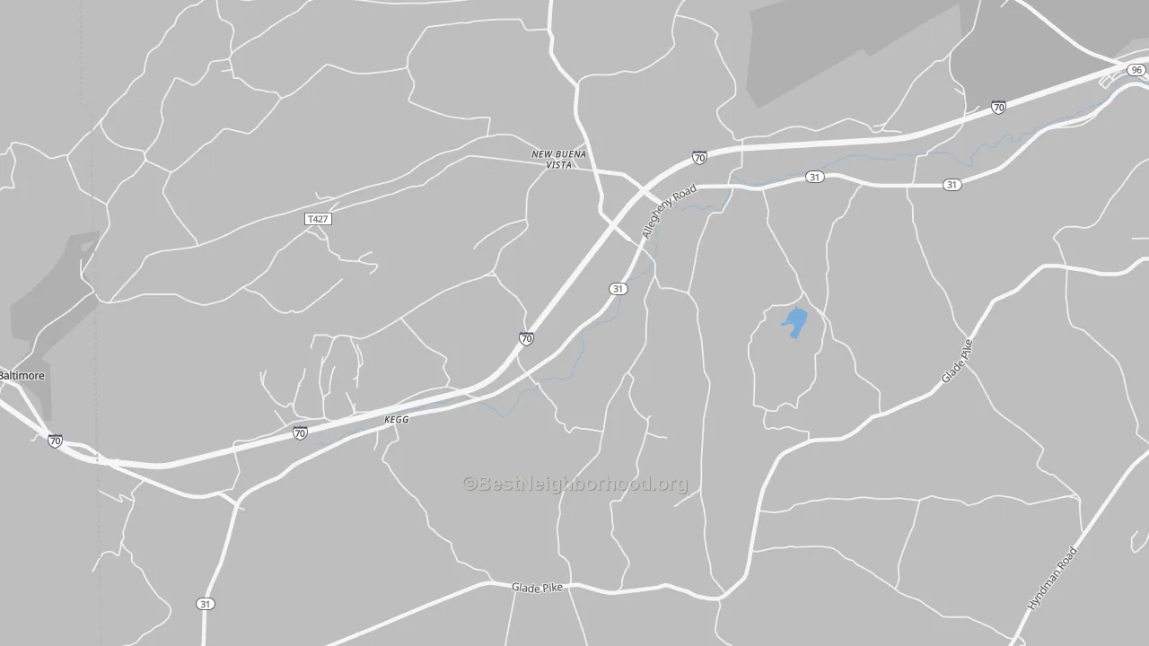 Walk Grade map of New Buena Vista, PA, walkable areas in green and car-dependent areas in red