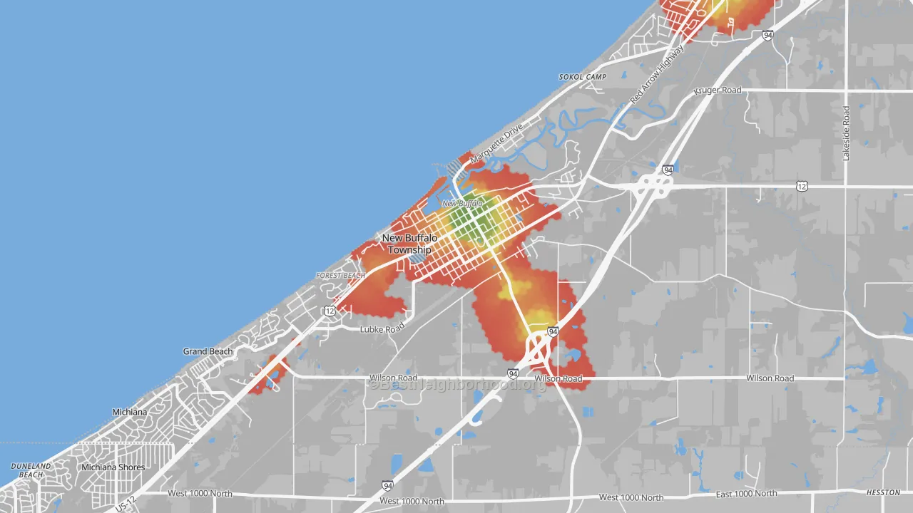 Walk Grade map of New Buffalo, MI, walkable areas in green and car-dependent areas in red