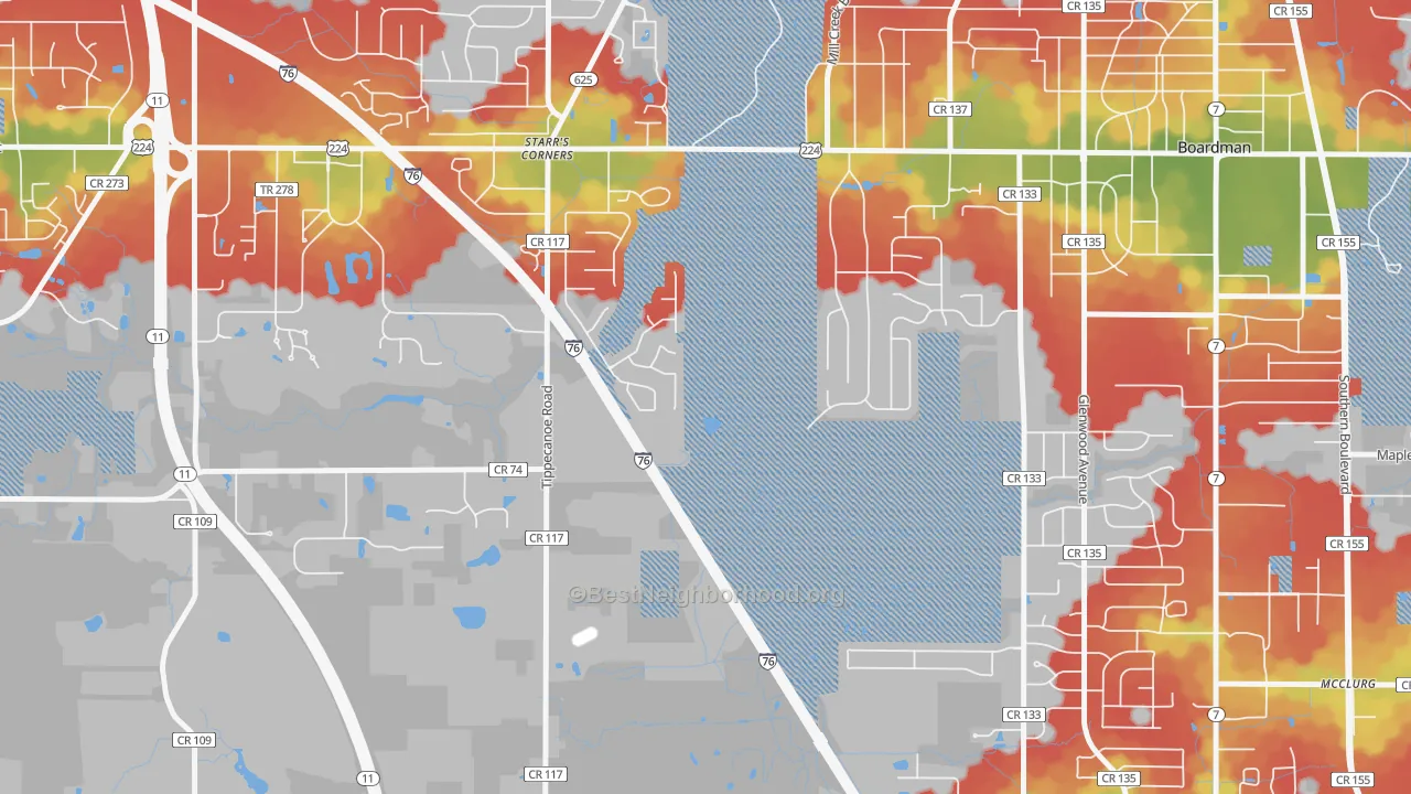 Walk Grade map of New Buffalo, OH, walkable areas in green and car-dependent areas in red
