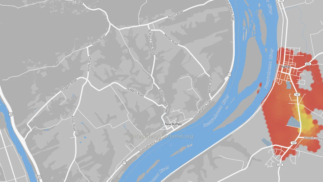 Walk Grade map of New Buffalo, PA, walkable areas in green and car-dependent areas in red