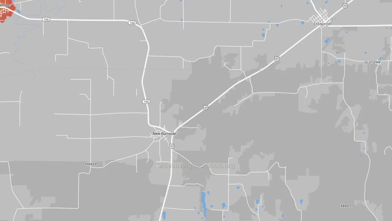 Walk Grade map of New Burnside, IL, walkable areas in green and car-dependent areas in red