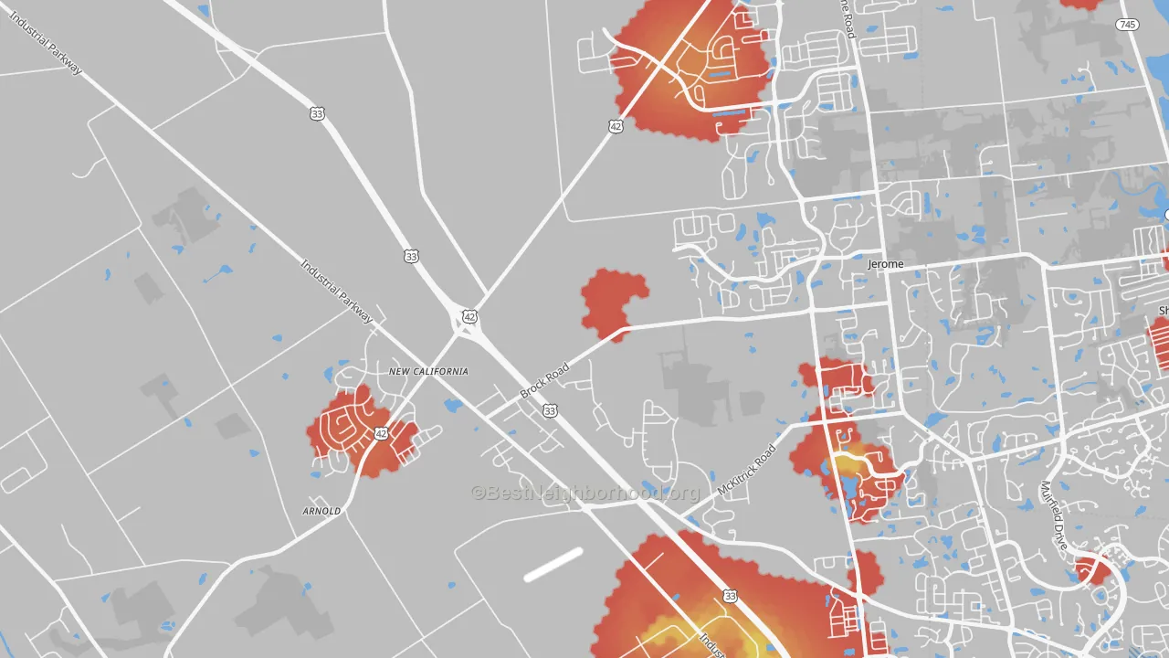 Walk Grade map of New California, OH, walkable areas in green and car-dependent areas in red
