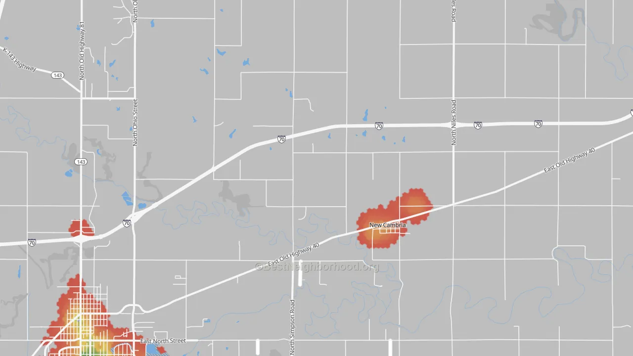 Walk Grade map of New Cambria, KS, walkable areas in green and car-dependent areas in red