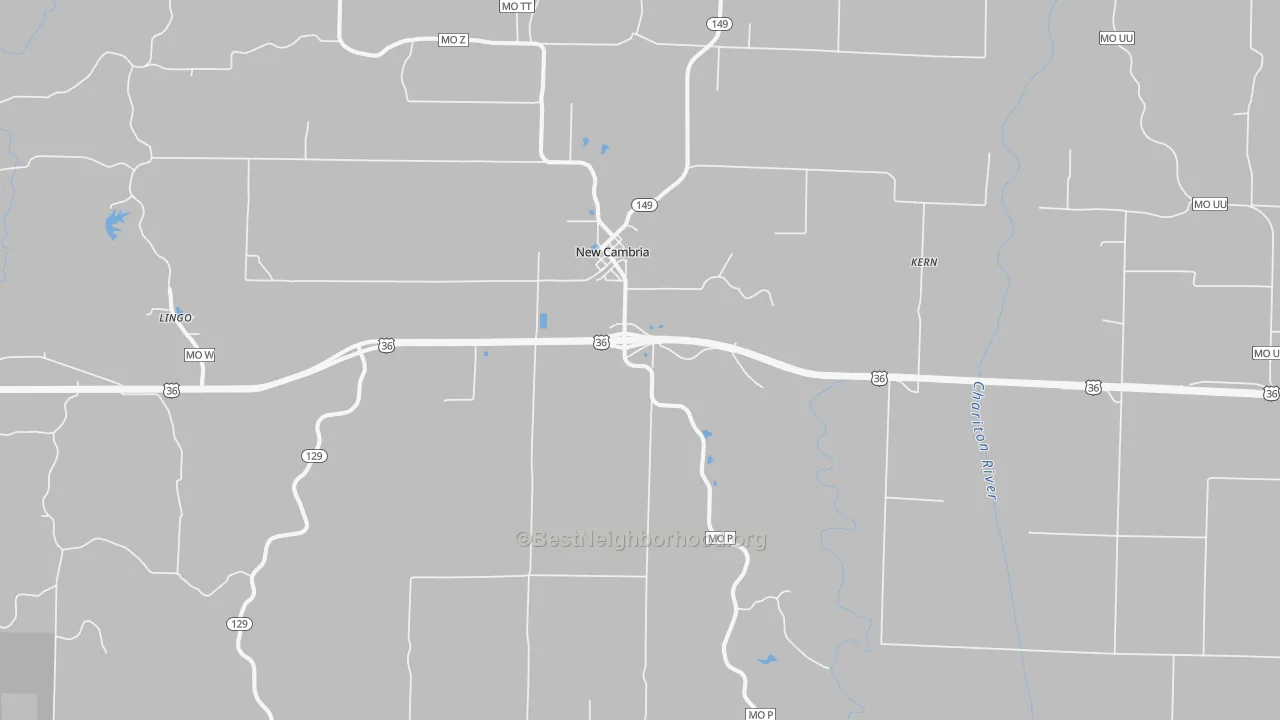 Walk Grade map of New Cambria, MO, walkable areas in green and car-dependent areas in red