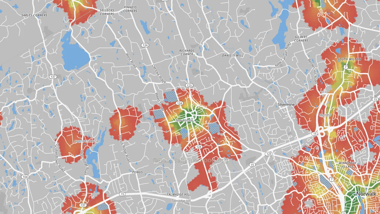 Walk Grade map of New Canaan, CT, walkable areas in green and car-dependent areas in red